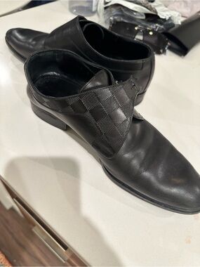 Louis Vuitton Black Leather Slip-On Dress Shoes with Checker Panel